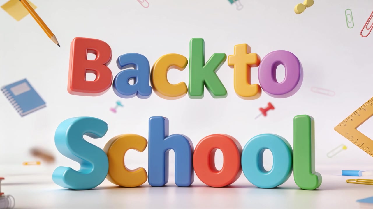 Matite che scivolano entrando dall'alto a sinistra su un tavolo da studio, evidenziando le lettere "Back to School".
