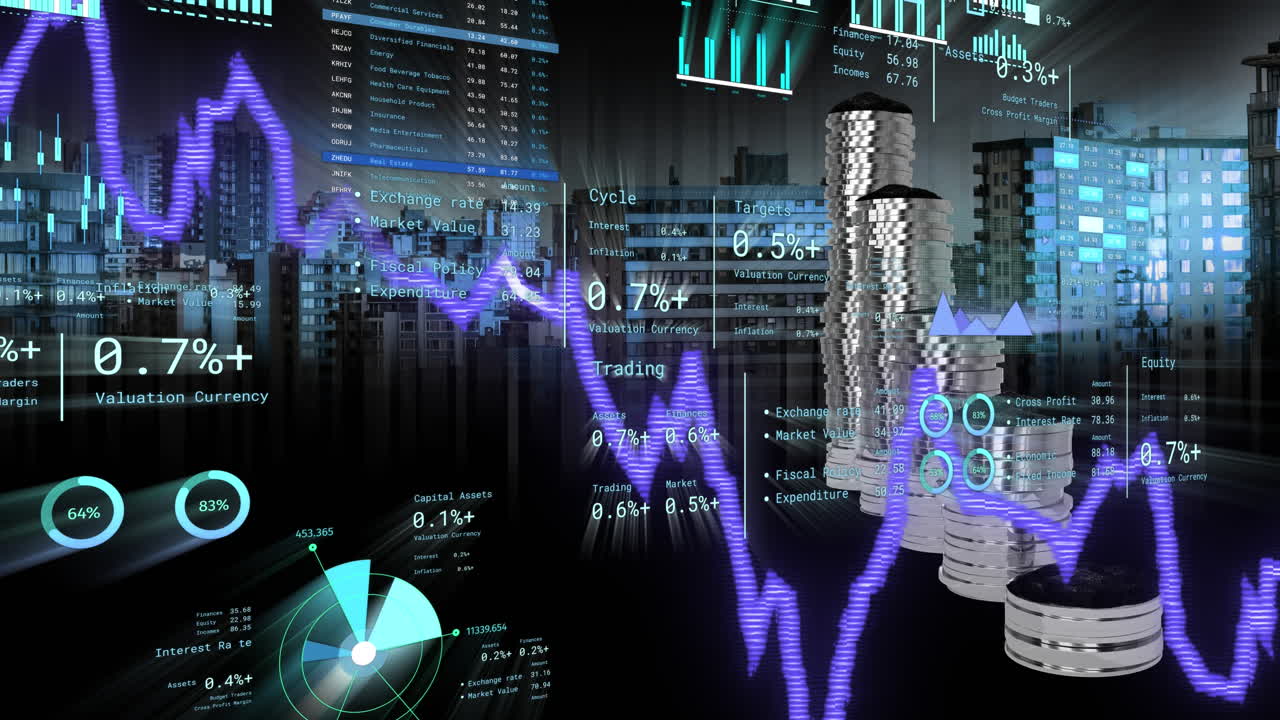 Animation of financial data processing over stacks of coins and cityscape