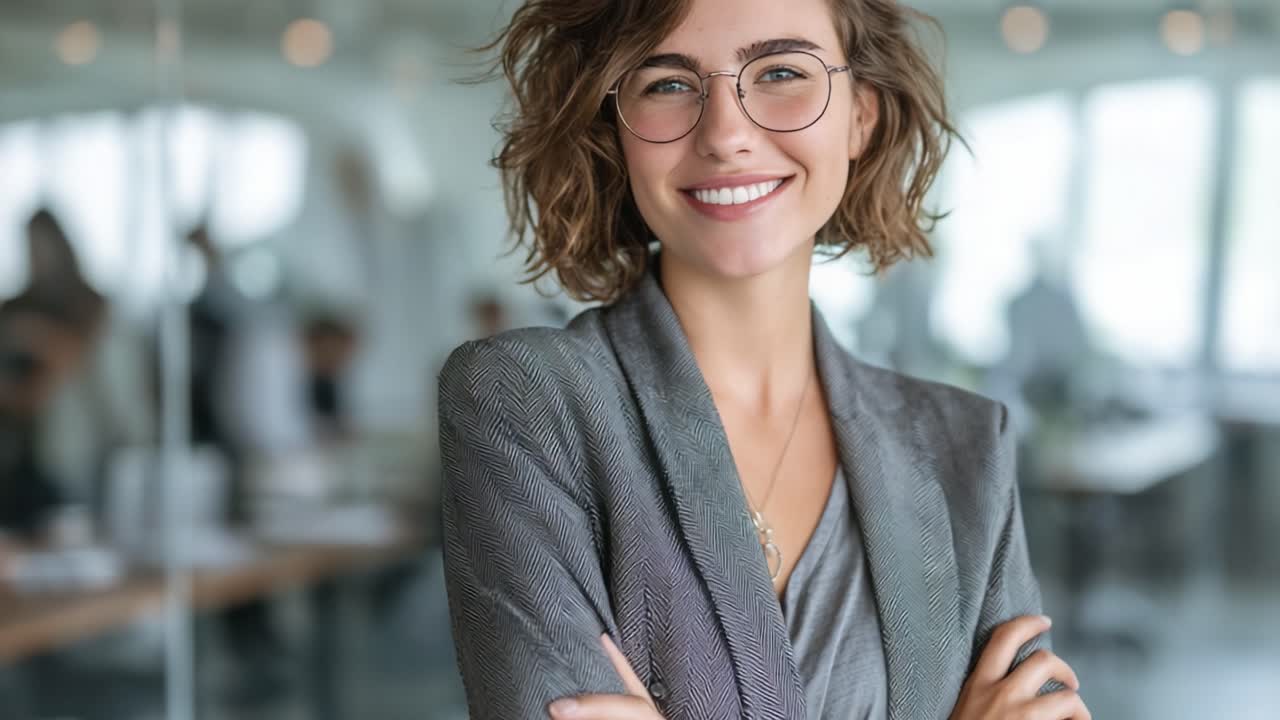 Giovane professionista sicuro di sé in un ambiente ufficio moderno che sorride apertamente, mostrando un atteggiamento cordiale e disponibile con occhiali alla moda ed eleganza casual