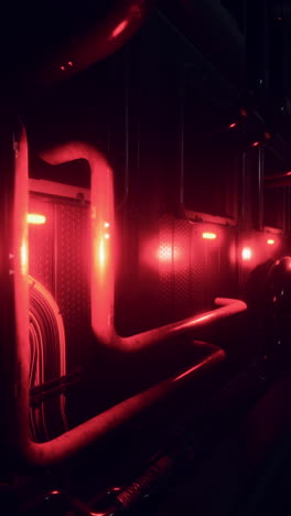 luces rojas y tuberías en un entorno industrial oscuro