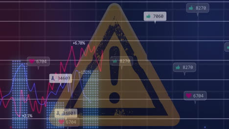 Animation-of-financial-data-processing-over-exclamation-mark-on-yellow-triangle-road-sign