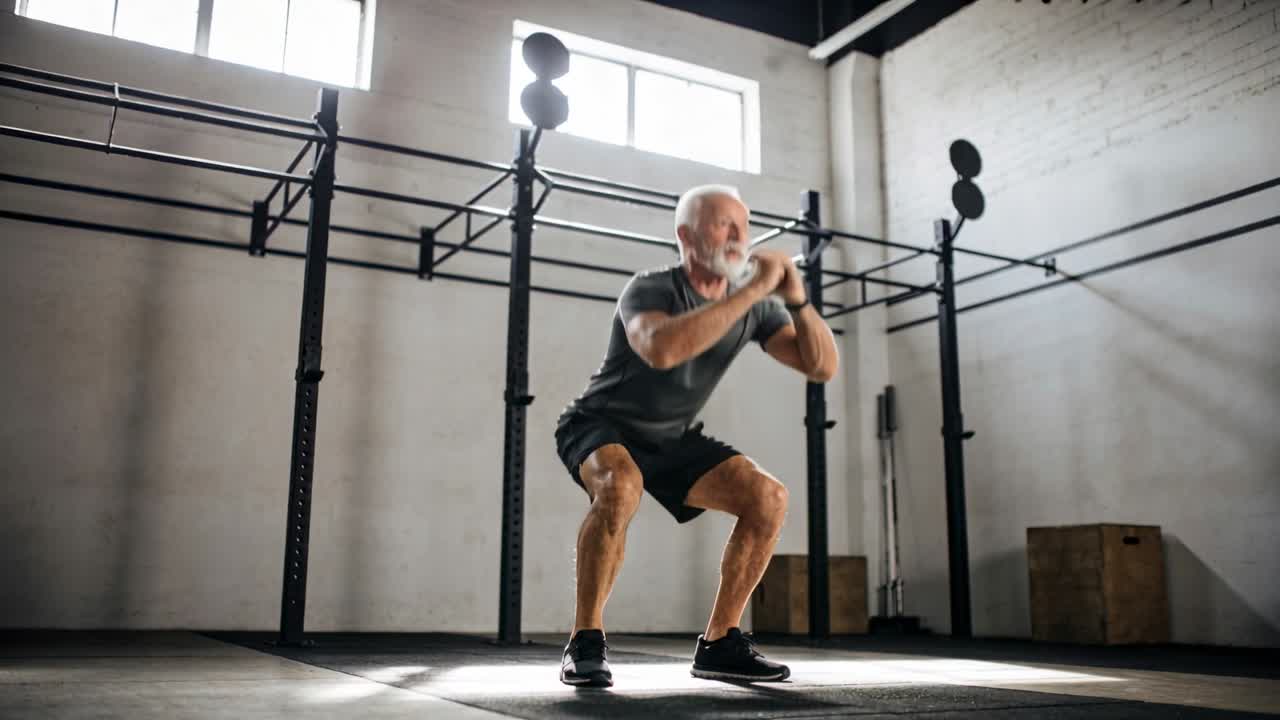 Uomo anziano che si alza da uno squat basso in palestra, con una maglietta scura e un fitness tracker.