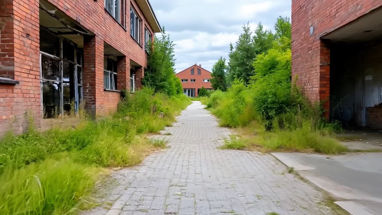 잔디 와 덤불 이 있는 버려진 건물 의 벽돌 도로