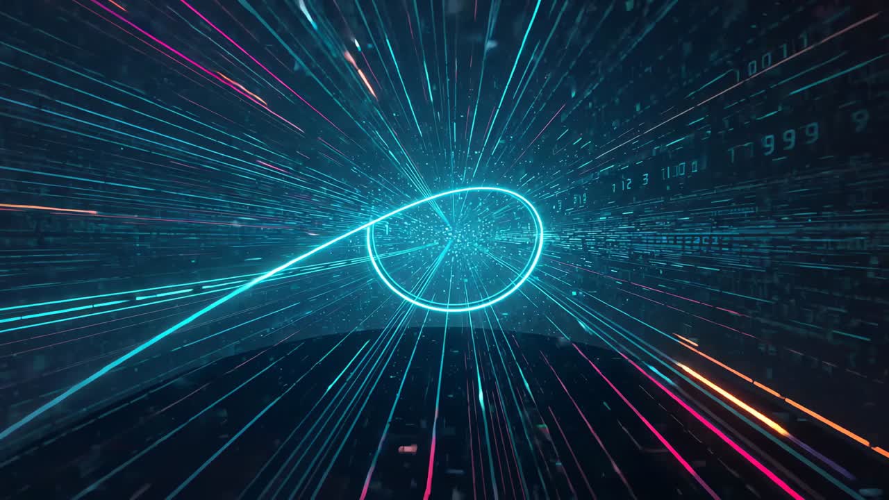 Loop starting central cyan ring floating over starfield pulsing cyan and red streaks and arc moving