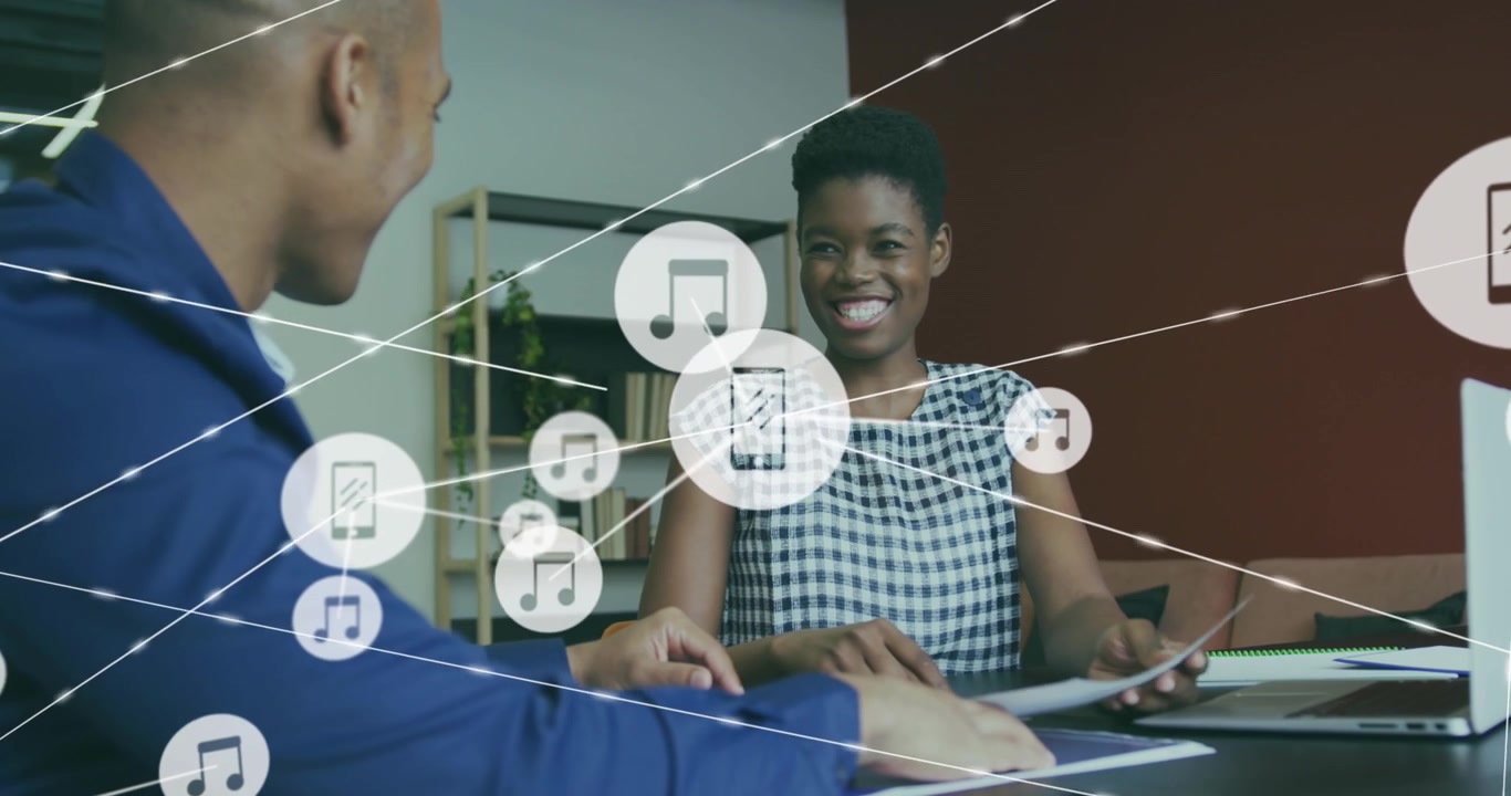 Business Colleagues Collaborating in Modern Office with Digital Network Overlay