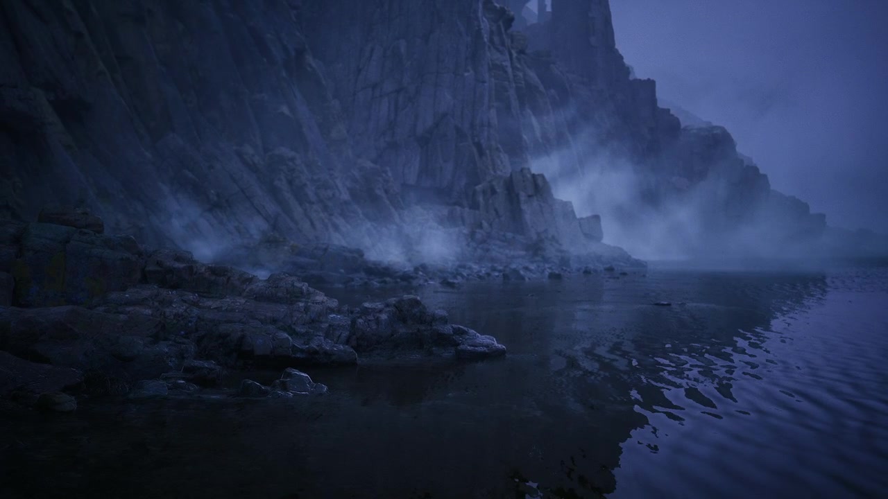 Veiled rocky coastline with gentle light and atmospheric haze