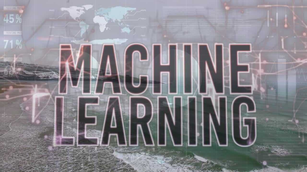 Animation of machine learning text and infographic interface over aerial view of ocean