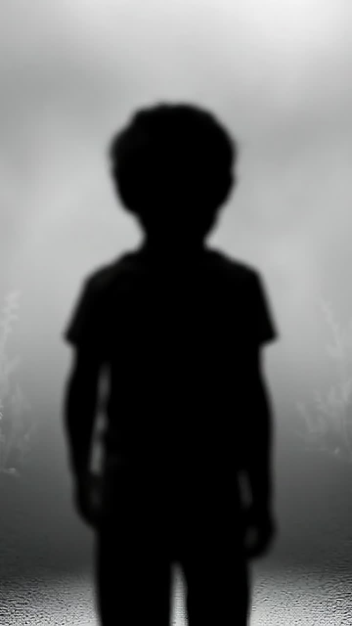 Child standing in a foggy field at dusk. A child is silhouetted against a misty landscape, surrounded by tall grasses in the fading light of evening.