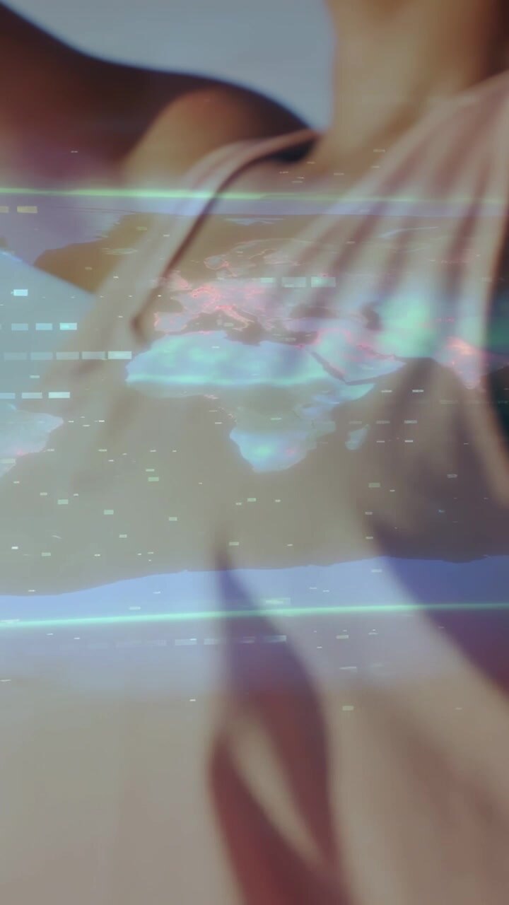 Vertical video: Woman breathing, raising arm, turning, joining palms, data tracing chest for health