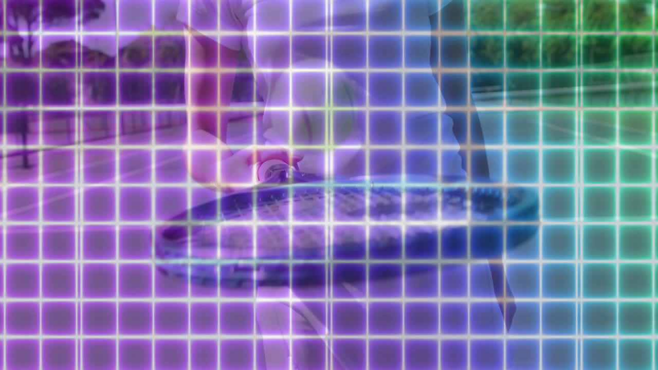 Female player standing on court, holding blue racket showing animated grid overlay for sports tech