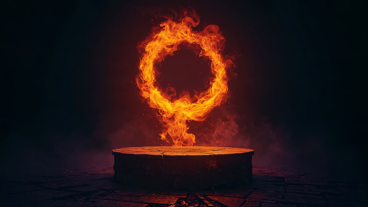Rising column of flame expanding into hovering ring above circular stone platform, sending embers