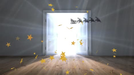 animation of stars and santa claus in sleigh with reindeer over door