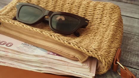 turkish lira banknotes and travel accessories