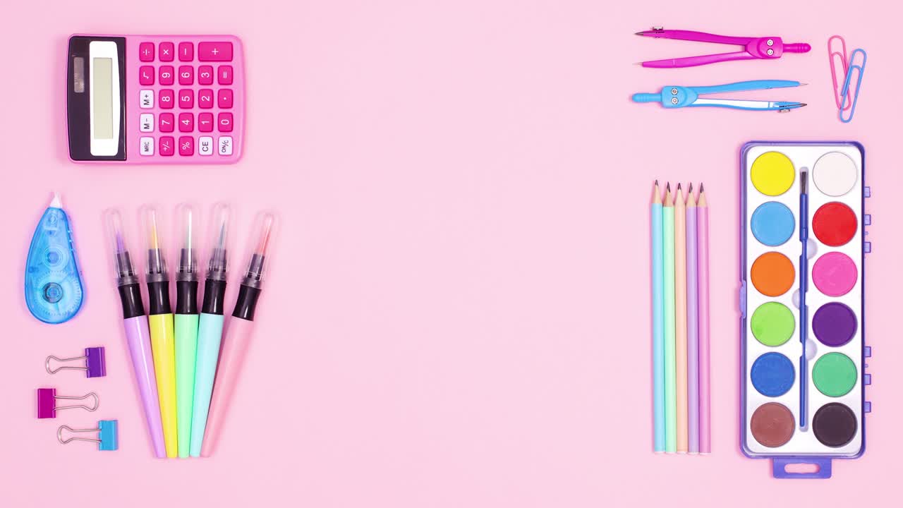 Pastel colored school tools appear on left and right side of pastel pink theme. Stop motion