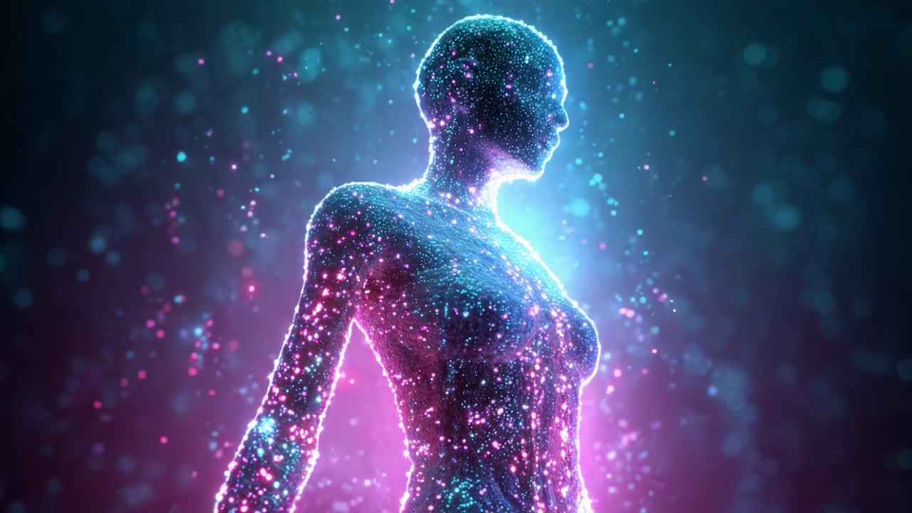 Futuristic female silhouette formed from glowing particles and data, merging human anatomy and AI to suggest consciousness, soul, evolution, and digital transformation