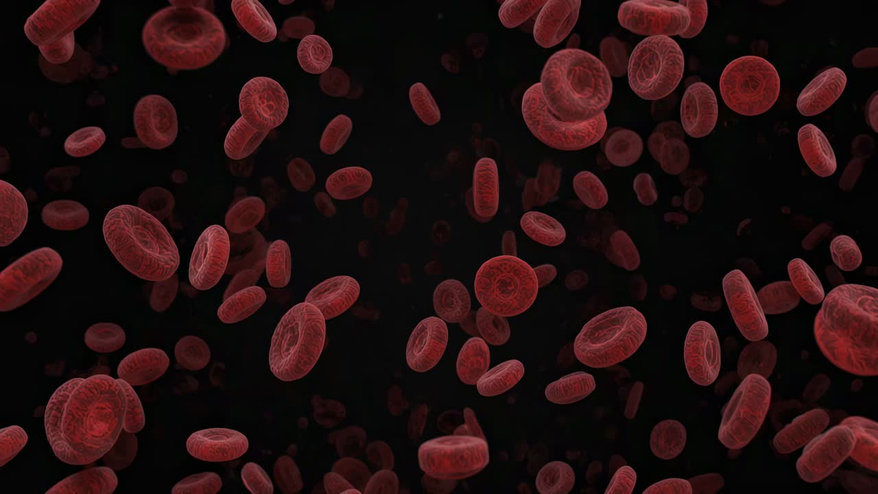 Camera moving closer causing red blood cells drifting and rotating inside vessel, biconcave shapes