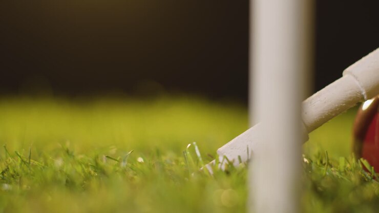 Natura morta di cricket con primo piano dei traversini (bails) appoggiati sulla palla nell'erba dietro i paletti (stumps).