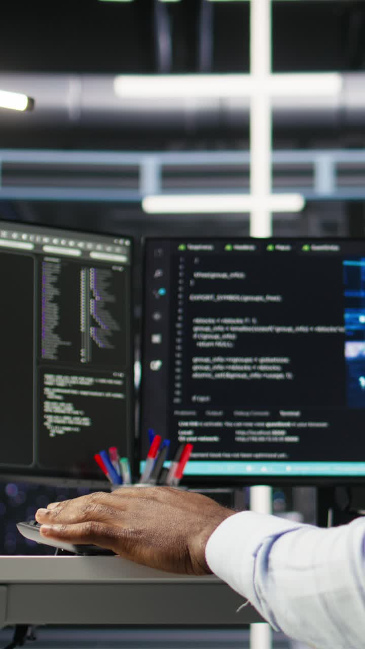 Vertical Video Data Center Computer Scientist At Desk Using Ai Deep Learning Algorithms