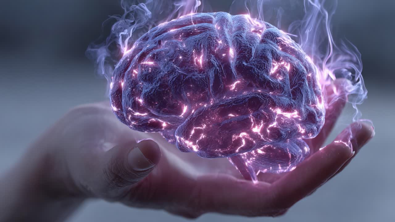 A Glowing Brain Encased in Energy: A Visual Representation of Cognitive Power and Neural Activity Captured in Two Enchanting Frames of Video