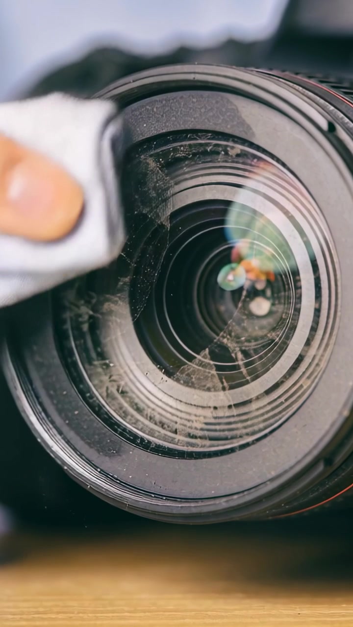 Video verticale: Pulizia della lente della fotocamera dopo aver notato della polvere, una mano che pulisce su un tavolo con un panno blu