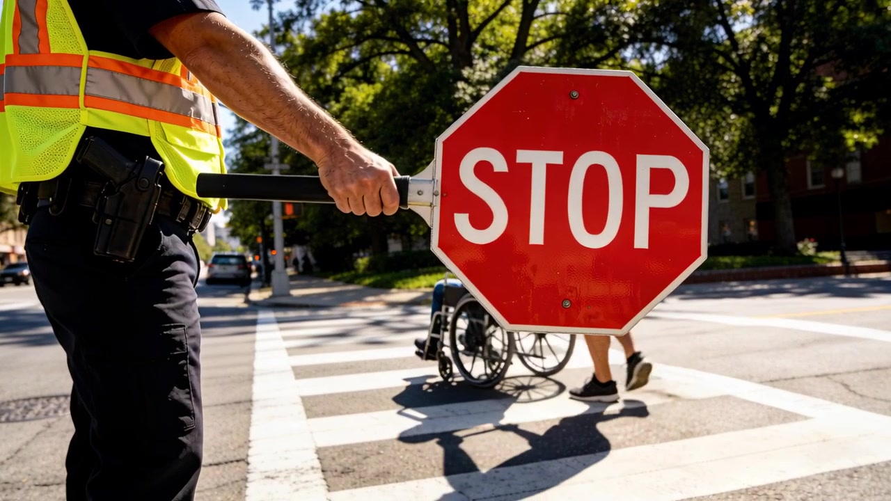 Holding STOP sign, guard in hi-vis vest stopping cars at crosswalk, guiding man pushing wheelchair