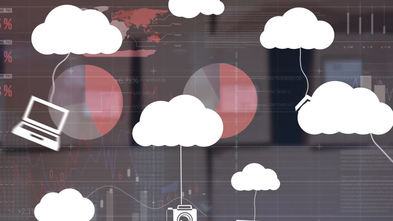 Animation of clouds and media icons over online security media icons