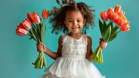 happy young girl holding bouquets of tulips