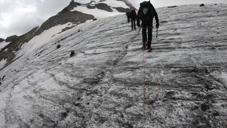 mountaineering, ascent on a very steep glacier with crampons and pickaxes, crystal seeker in the swiss alps