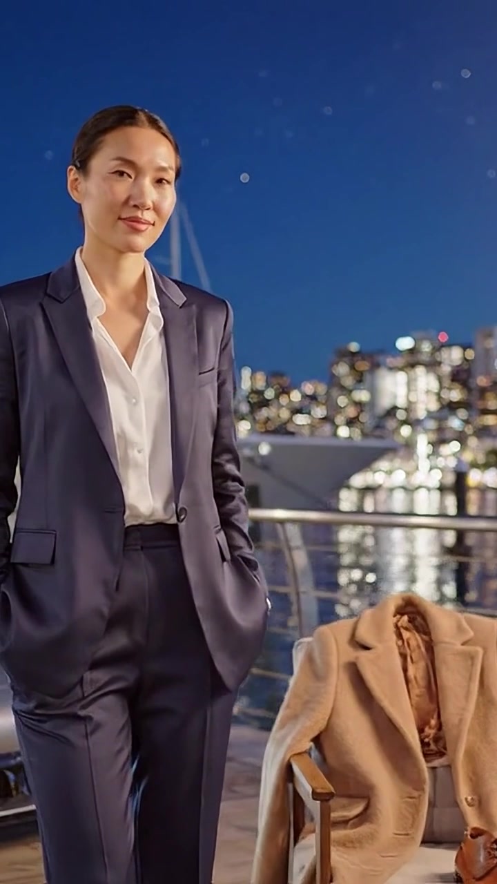 Donna elegantemente vestita in un tailleur chic posa vicino a un caffè sul lungomare di notte, con uno skyline cittadino e stelle scintillanti sullo sfondo, emanando sicurezza e stile.