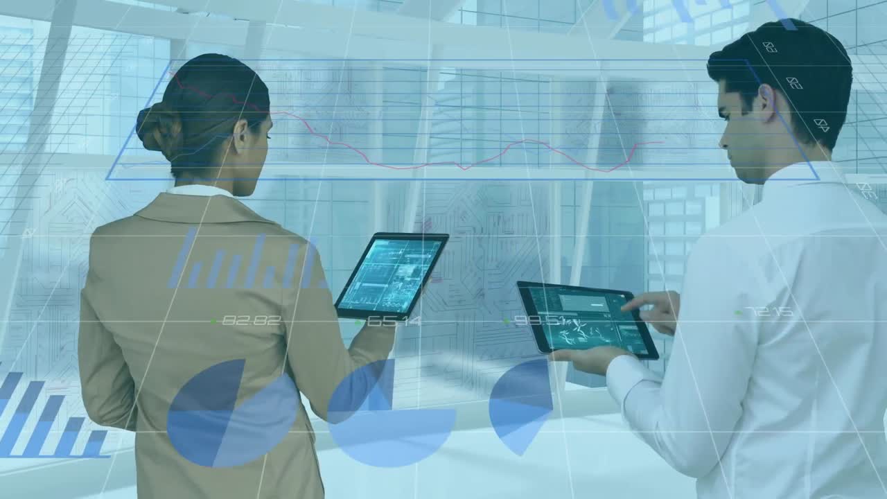 Animation of data processing over rear view of diverse man and woman using digital tablet at office