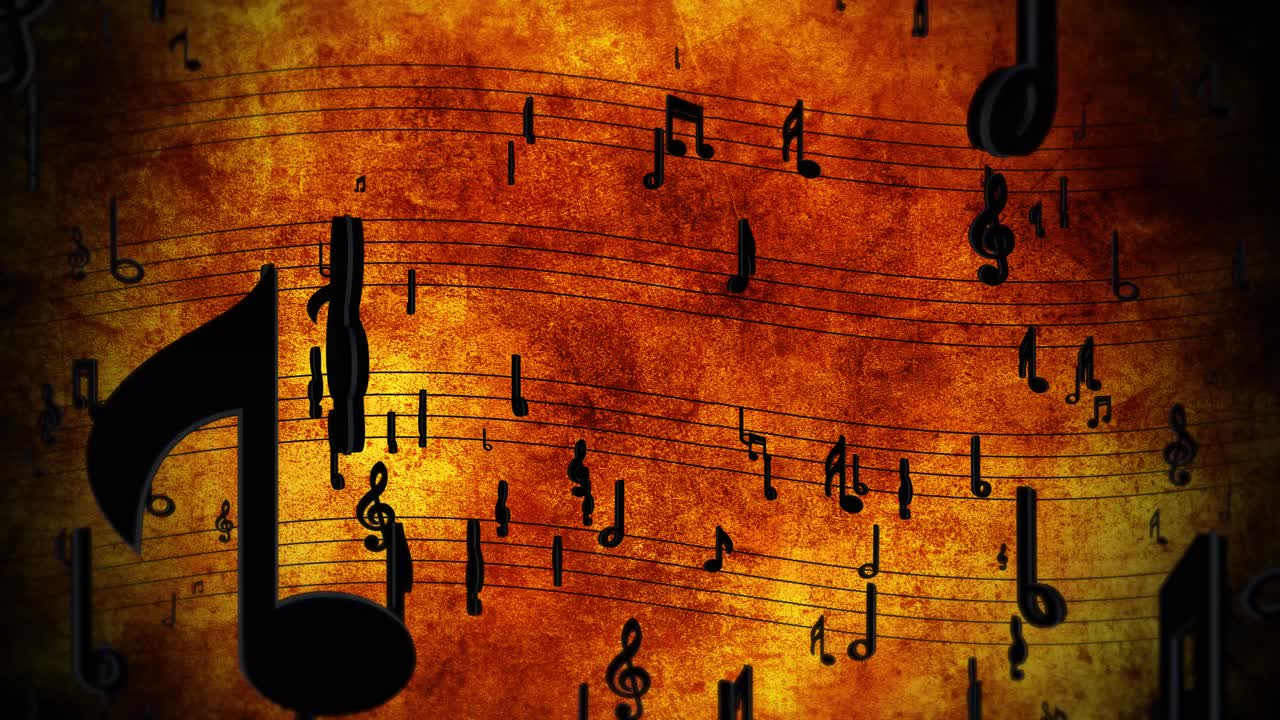 Sheet music with notes in motion vintage notes flow over musical lines symbolizes the music flowing
