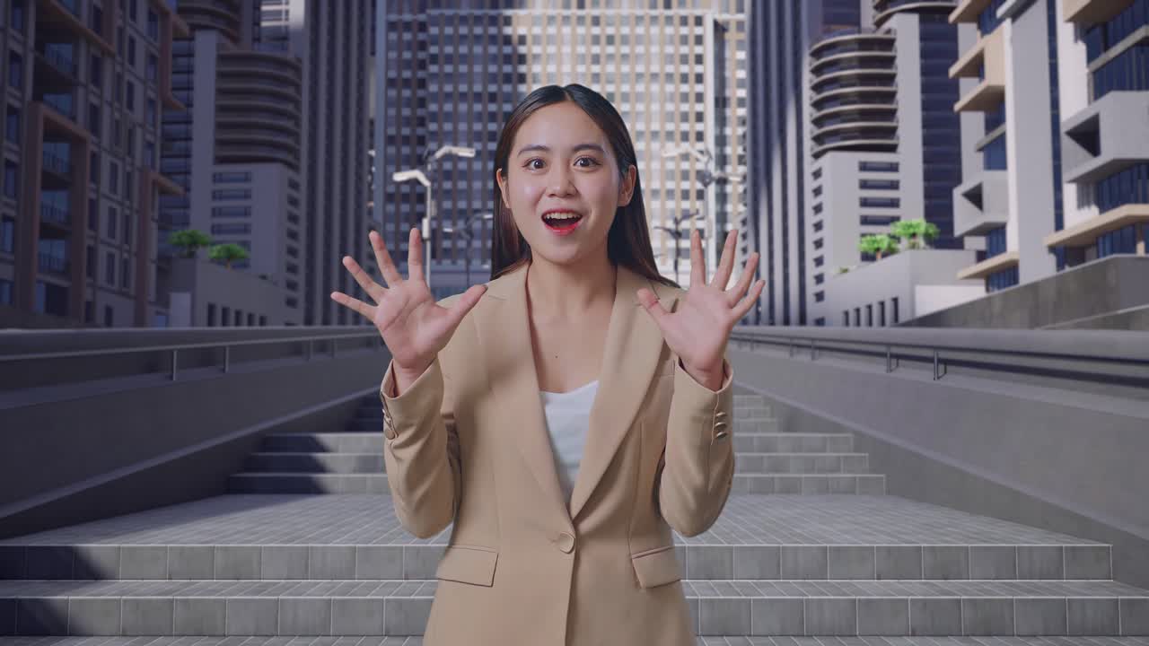 도시 환경 에서 열광적 인 발표 를 하는 사업가