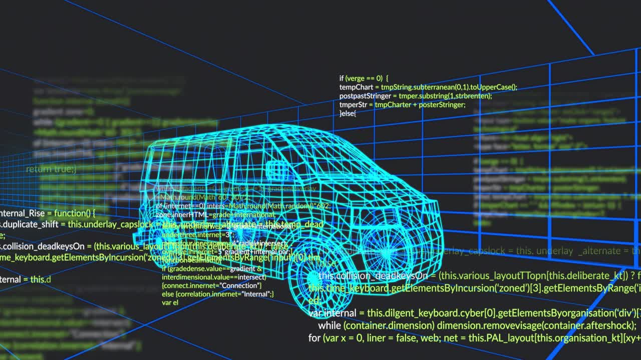 At startup blue grid forming, cyan wireframe van appearing and code scrolling representing build