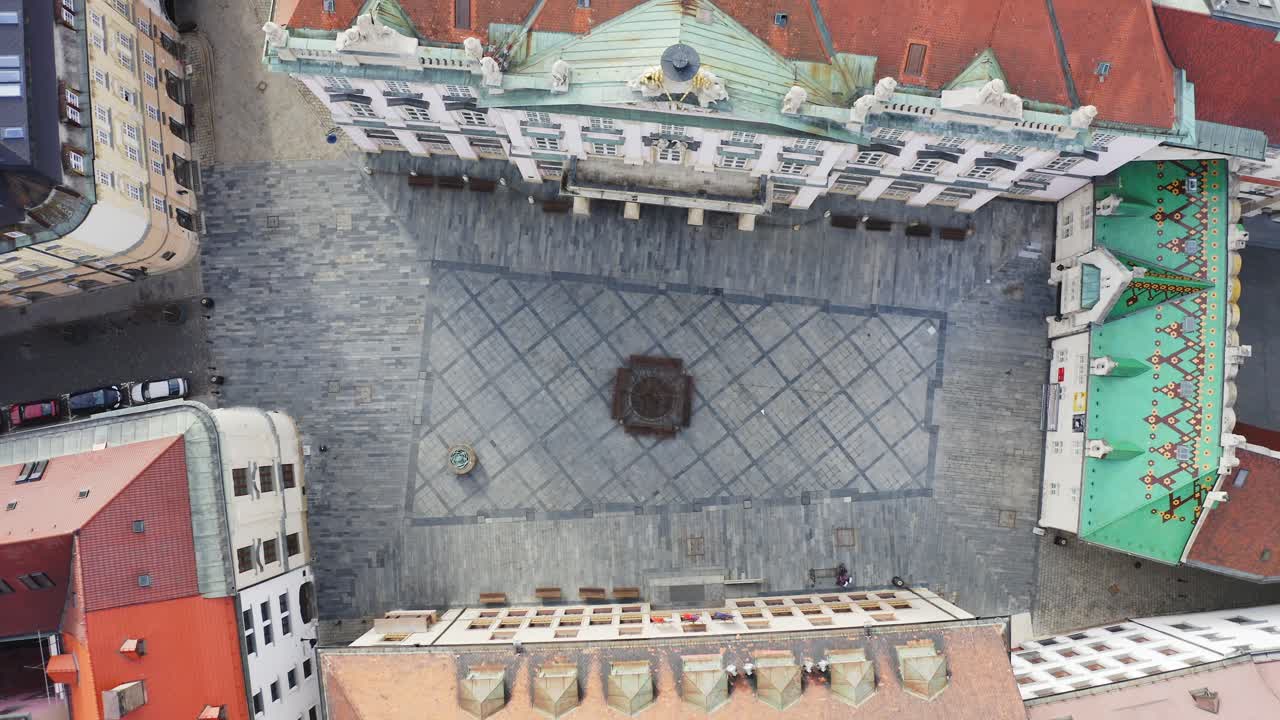 Empty Primate's Square in Bratislava, Slovakia during epidemic of Covid - Aerial top shot view