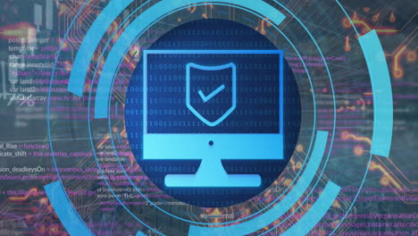 animación de una placa de circuitos informáticos con procesamiento de datos e icono digital con escudo de seguridad