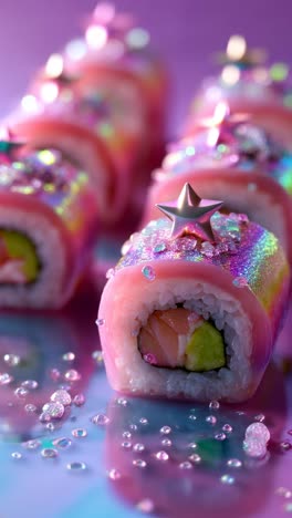 glitter sushi roll with pink star and rainbow topping