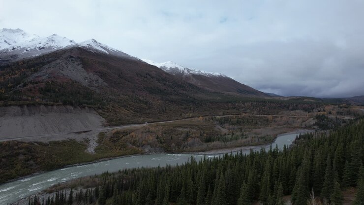 Aerial dolly right on the Jack River outside of Denali National Park, Alaska