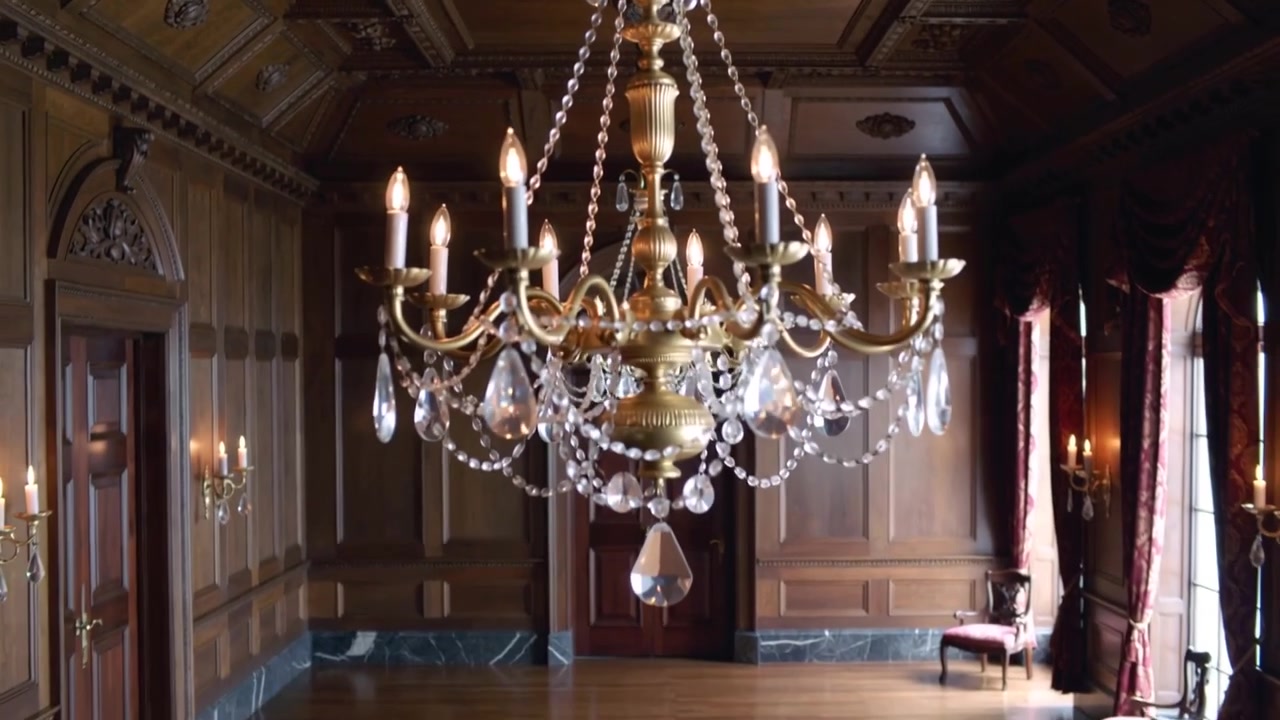 Pulling back camera revealing brass chandelier in paneled room, showing ornate trim and crystals