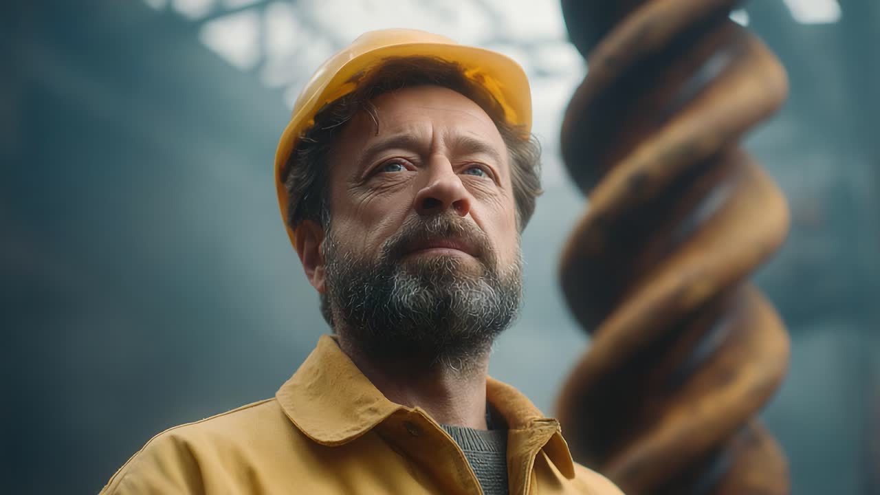 A Determined Worker in Safety Gear Contemplates His Next Move Amidst Industrial Machinery in a Smoke-Filled Environment