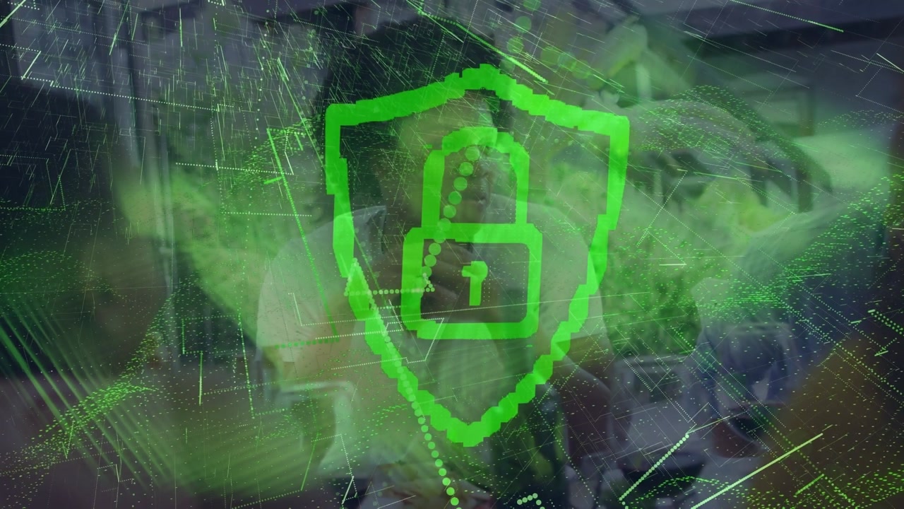 Animation of digital padlock and green lines over happy man talking