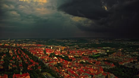 aerial view of rapid movement of the clouds before rain hits prague