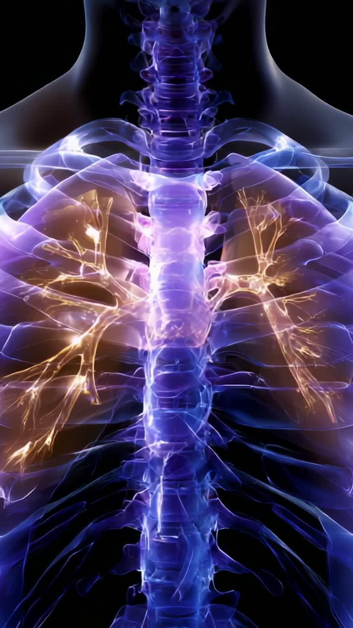 A Detailed Look at Human Anatomy Focusing on the Lungs and Spine Structures, Illustrated with Colorful, Radiant Light Patterns Representing Vital Organs