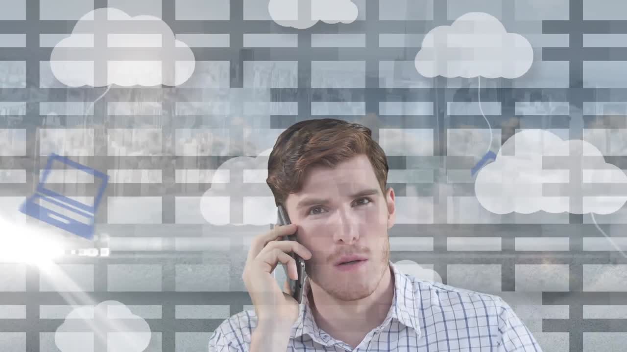 디지털 아이콘과 함께 스마트 폰과 구름에서 이야기하는 사업가의 애니메이션