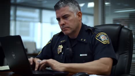 a dedicated officer at work: focused on the task, the sergeant analyzes reports and investigates cases in an organized and professional environment