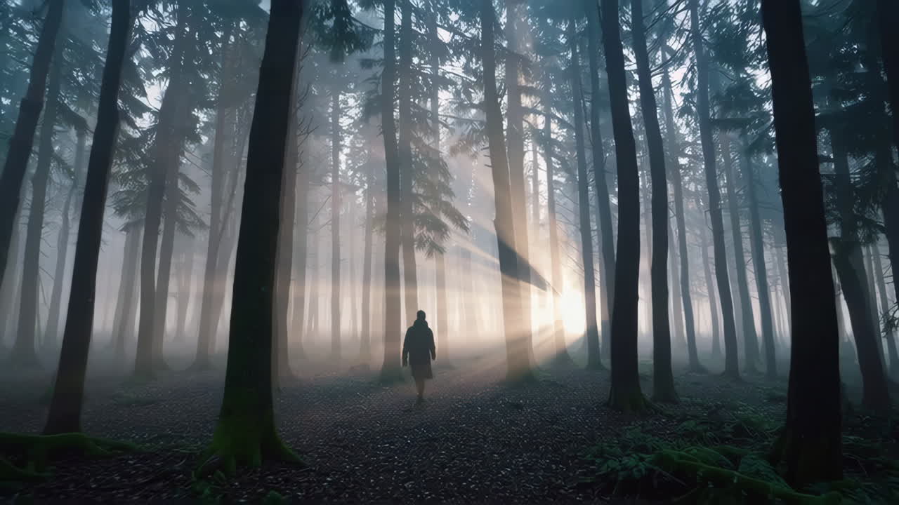 Man Walking Through a Foggy Forest at Sunrise