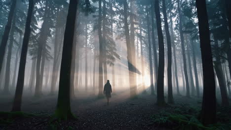 man walking through a foggy forest at sunrise