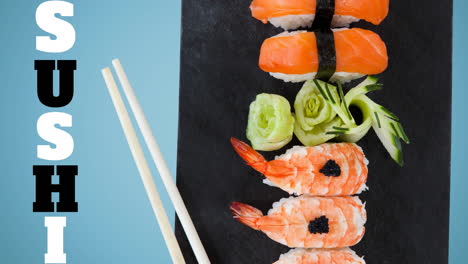 animation of sushi and sushi plate with sticks on blue background