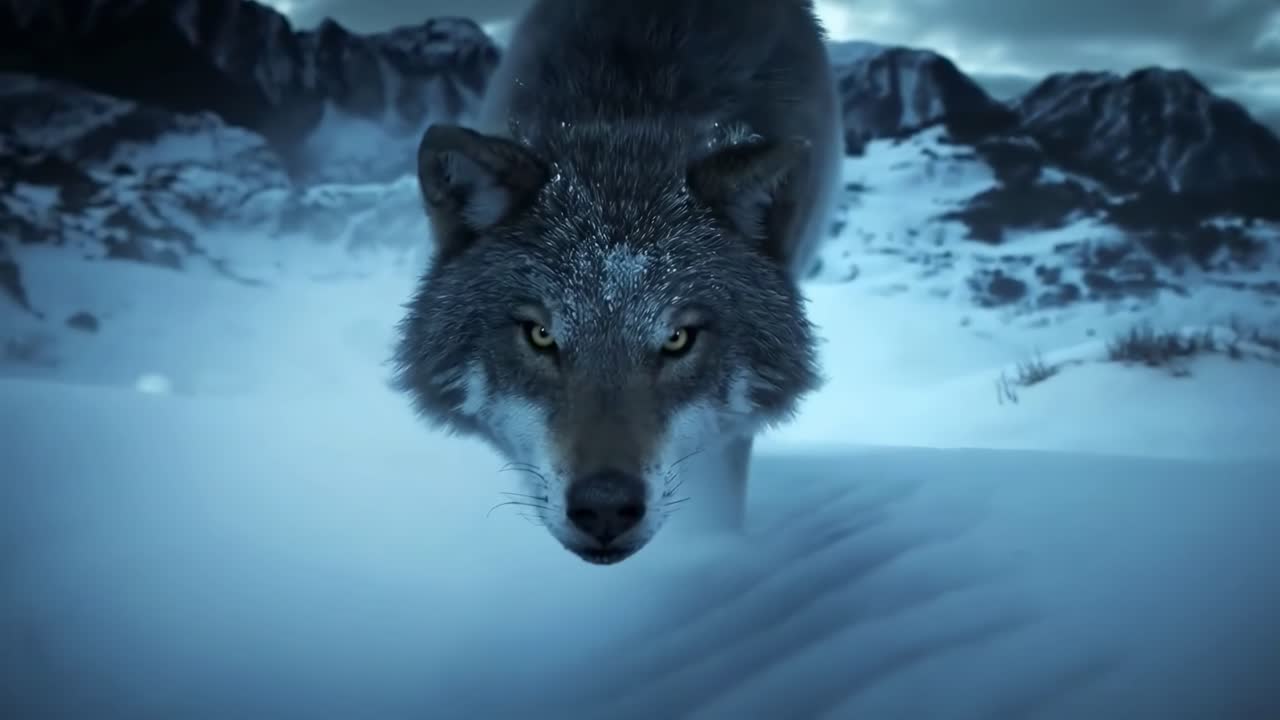 A dramatic low-angle video shot of a wolf in a snowy landscape, emphasizing its fierce gaze
