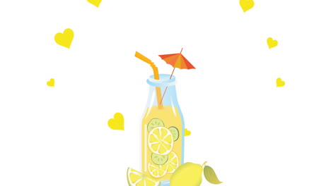 animation of lemonade bottle and lemon icon with yellow heart floating against white background