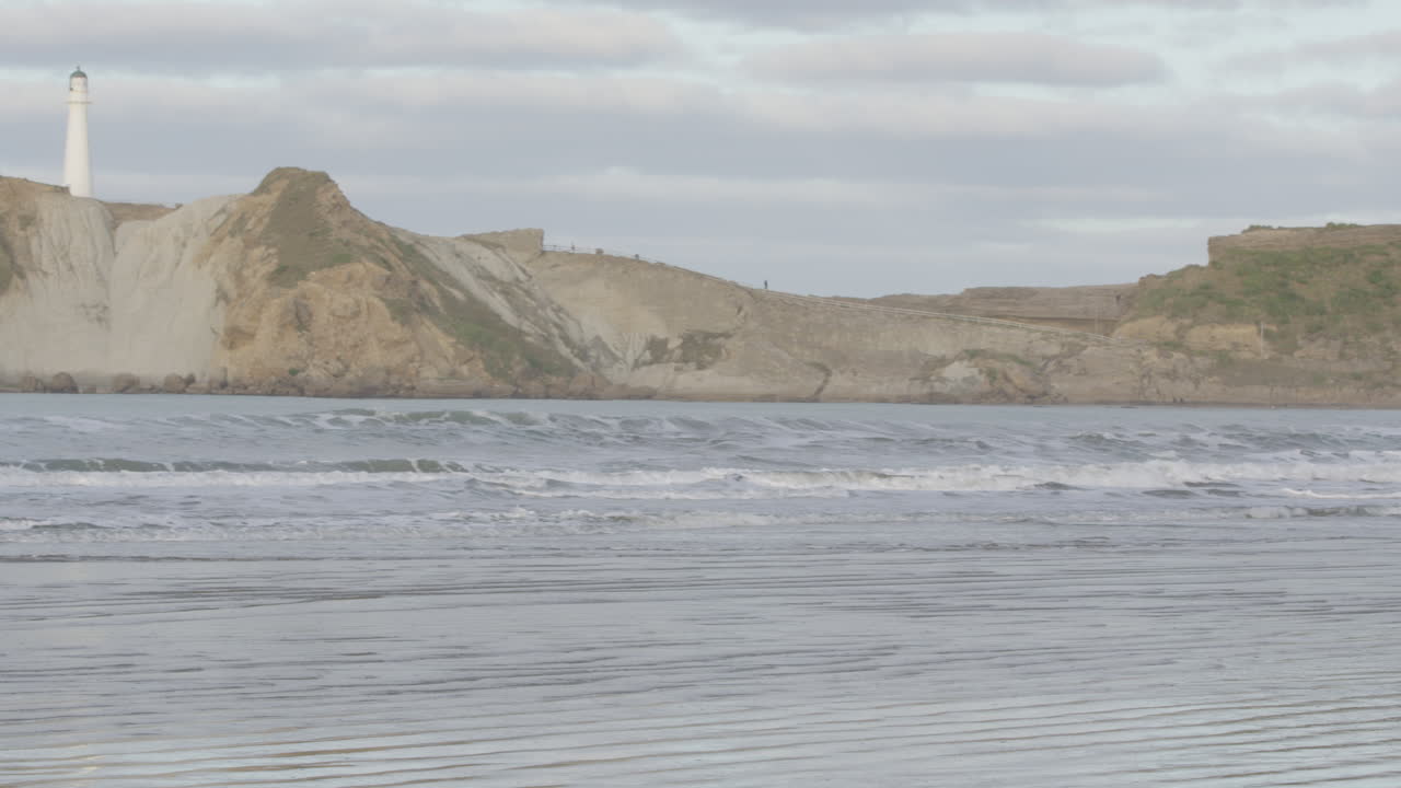 Pan shot over New Zealand's eastern coastline at Castle Point Beach
